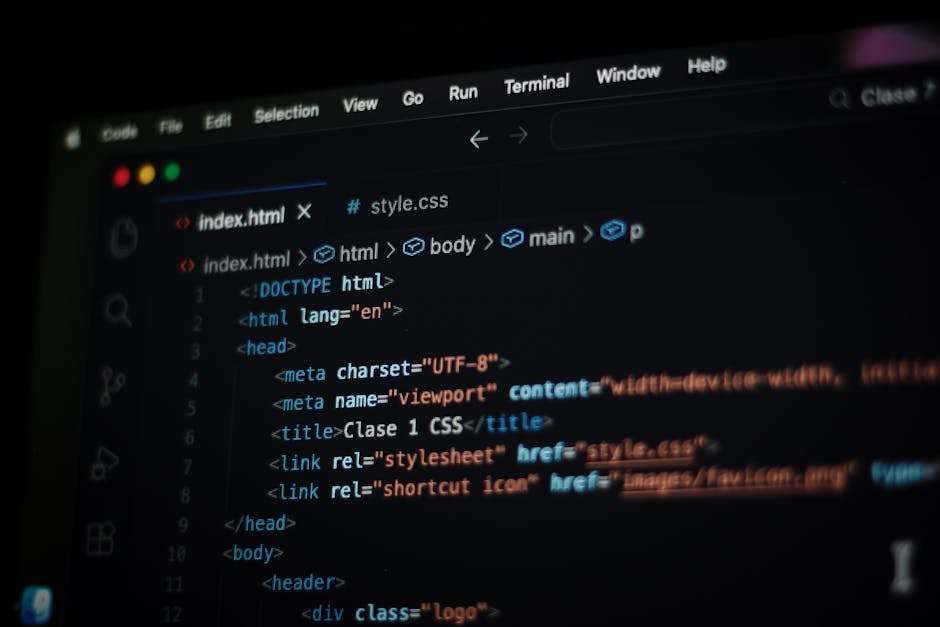 The image shows a computer screen displaying a code editor with an open HTML file named index.html. The code includes HTML elements such as <html>, <head>, <title>, and <meta> tags, with some CSS styl